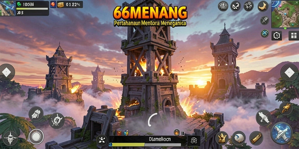 Screenshot gameplay 66MENANG menampilkan aksi menara pertahanan melawan gelombang musuh.