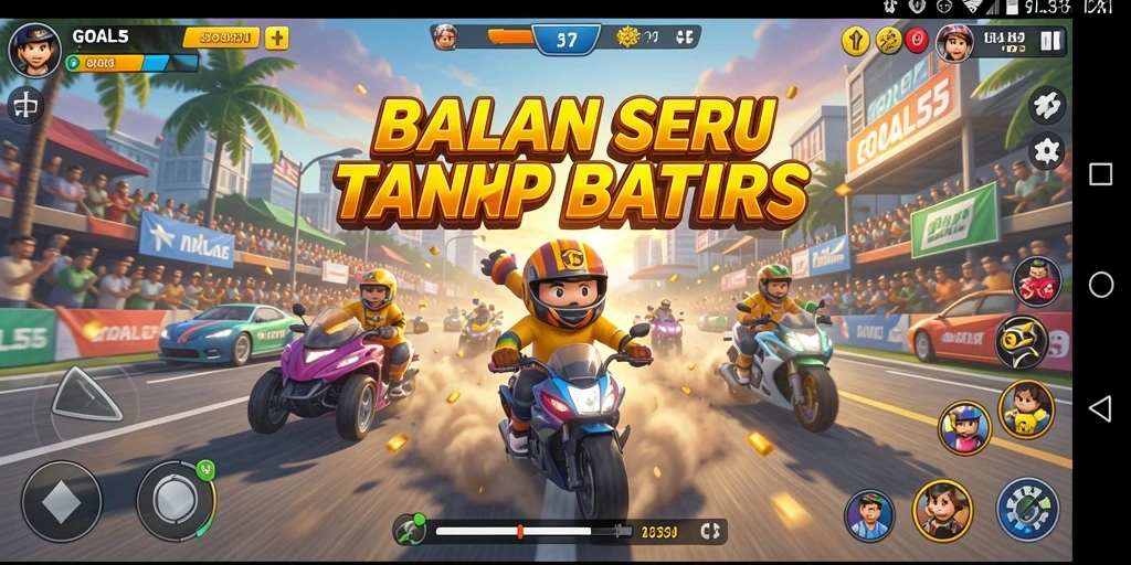 Screenshot gameplay GOAL55 yang menampilkan aksi balapan mendebarkan.