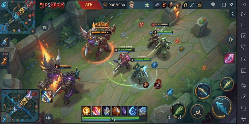 Screenshot gameplay JPS888 menampilkan aksi pertempuran yang intens di arena MOBA.