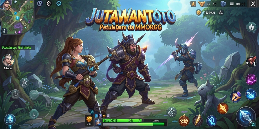Tampilan gameplay epik di dunia <strong>JUTAWANTOTO</strong> dengan berbagai karakter dan monster.