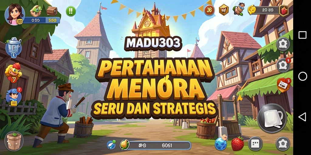 Screenshot gameplay MADU303 menampilkan menara dan strategi pertahanan.