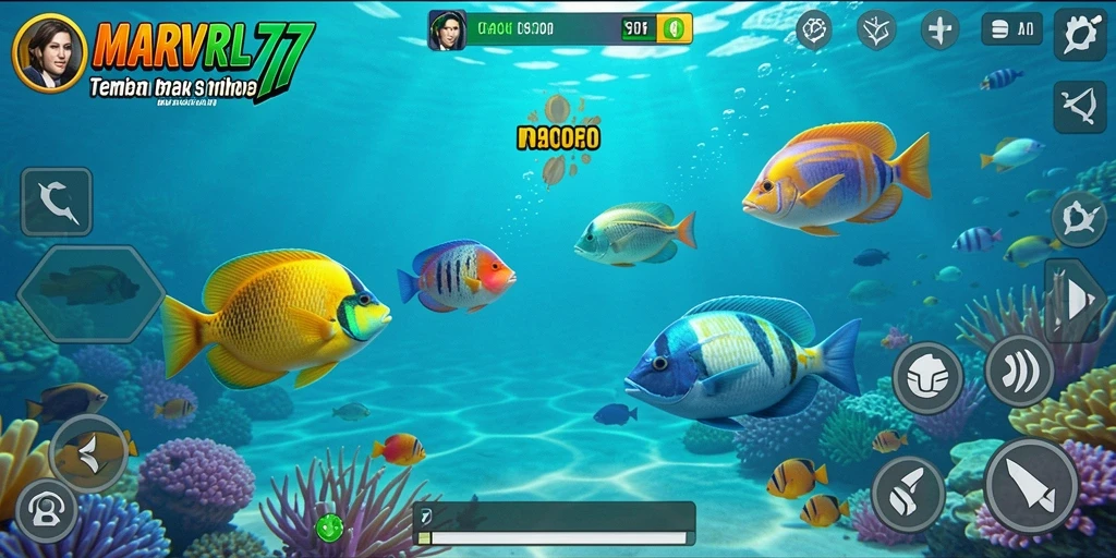 Screenshot gameplay menunjukkan aksi menembak ikan yang seru di MARVRL77.