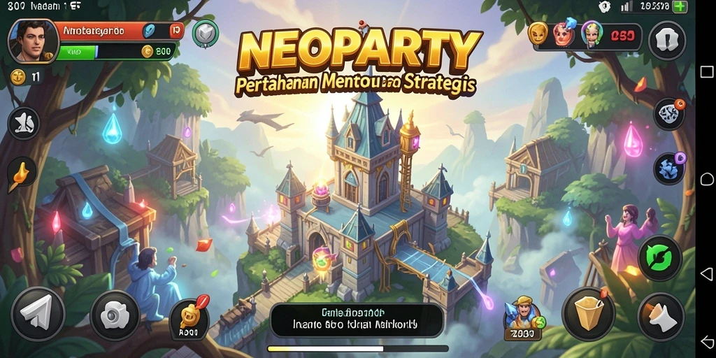 Tangkapan layar gameplay NEOPARTY yang menunjukkan aksi pertahanan menara.