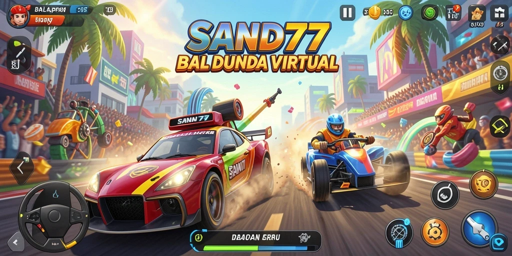 Tampilan gameplay seru di SAND77 dengan mobil balap yang beraksi di lintasan.