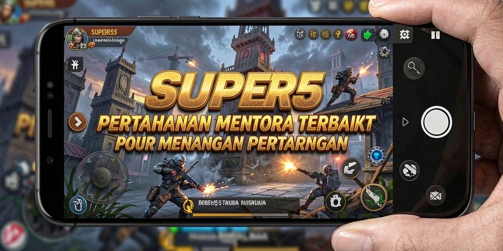 Tampilan gameplay SUPER5 dengan menara dan serangan musuh.